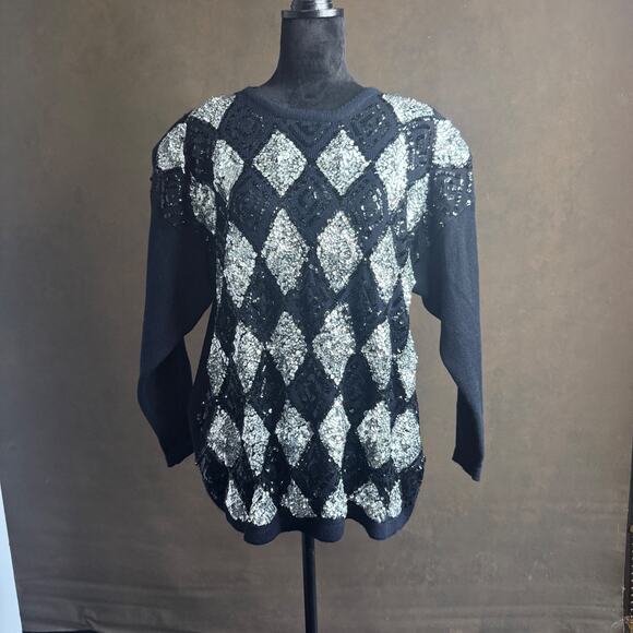 Vintage Contessa by Joyce Sequin Beaded Sweater Black Silver Argyle 1X Acrylic - Picture 2 of 10